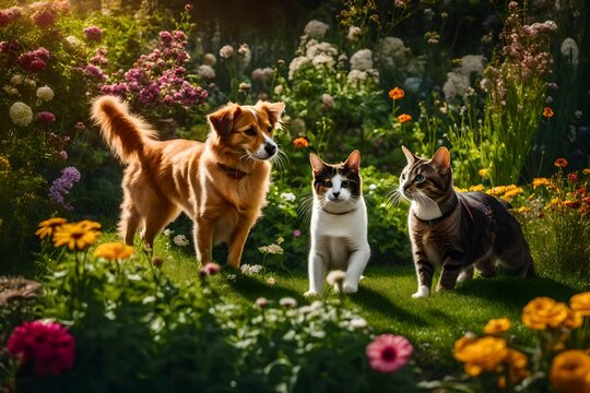 cats and dog are playing garden, morning in garden, morning walk with pet animals, cute animals in garden