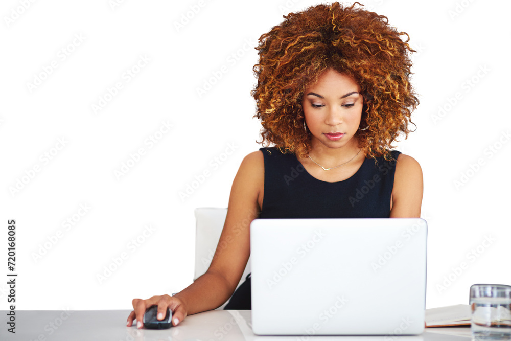 Poster laptop, desk and business woman on mouse, reading email or search on internet in startup. computer, 