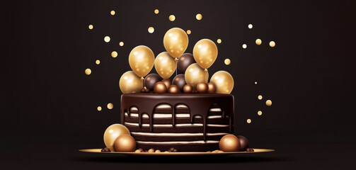 Chocolate cake with gold balloons and sprinkles on dark background. Happy holiday