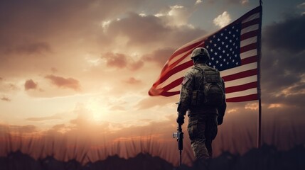 Military personnel and the American flag against a sunrise backdrop. Signifying national observances like Flag Day, Veterans Day, Memorial Day, Independence Day, and Patriot Day. - obrazy, fototapety, plakaty