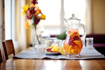 carafe of sangria with fruits minus the wine on dining table - obrazy, fototapety, plakaty