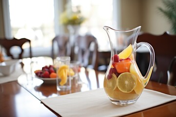 carafe of sangria with fruits minus the wine on dining table - obrazy, fototapety, plakaty