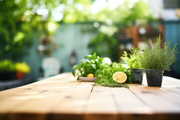 wooden table with fresh herbs growing on sunny terrace