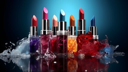 Stunning Lip Aesthetics: Image of Lipsticks and Lip Balms Illuminated by Creative Color Gels. Promising an Immersive and Vivid Cosmetic Experience for a Captivating Website Cover