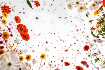 background with flowers, little petals with flowers flying in the air 