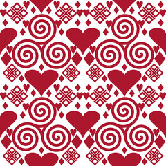 Seamless pattern with pink hearts and spirals, Valentines Day background