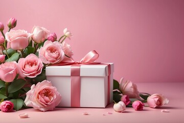 Pink roses and gift box with bow and ribbon close-up.
