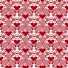 Seamless pattern with pink hearts and spirals, Valentines Day background