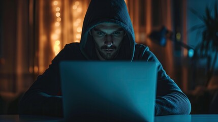 Hooded hacker sitting in front of laptop