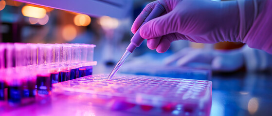 Close up shot of scientist hands pipetting sample into dish for DNA testing in laboratory