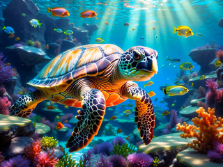 A Vibrant Celebration of Marine Life with a Green Sea Turtle