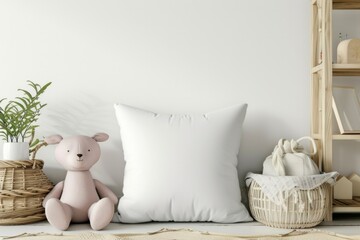 Soft pink plush toy beside a white pillow in a child's room with wooden accents. - obrazy, fototapety, plakaty