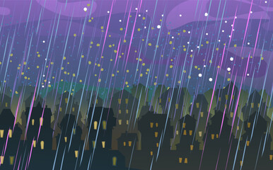 Night rain. A distant glowing city. Houses and windows. Stormy cityscape. Cartoon fun style Illustration vector