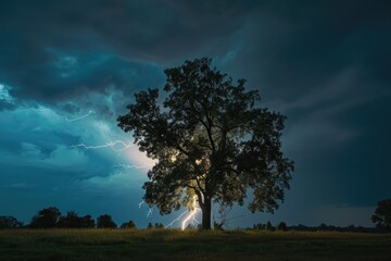 Fototapeta na wymiar tree view with dark sky and lightning strikes
