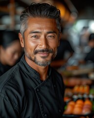 Fototapeta premium Portrait of chef in black tunic in restaurant kitchen with team in background. Japanese cuisine restaurant. Asian food.