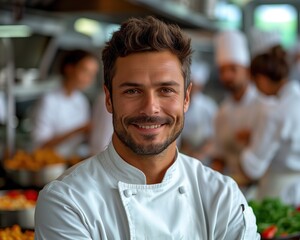 Portrait of chef in white tunic in restaurant kitchen with team in background. Haute cuisine restaurant.