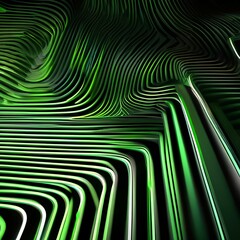Abstract wallpaper with vibrant green neon lines forming intricate patterns, leaving captivating trails of light against a dark black background3