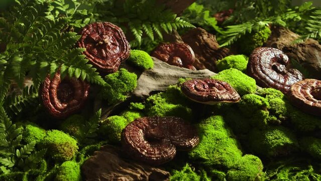 Green moss grows around the lingzhi mushrooms, tree roots and ferns with sunlight filtering through the leaves. Copy space for advertising with a traditional medicine theme.