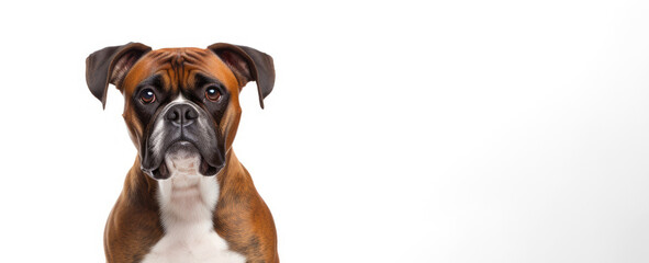 Adorable Boxer Dog Sits Patiently Against a Clean White Backdrop - Generative AI