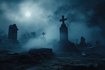 A spooky graveyard at night with tombstones, fog, and ominous moonlight Graveyard At Night Spooky Cemetery - obrazy, fototapety, plakaty
