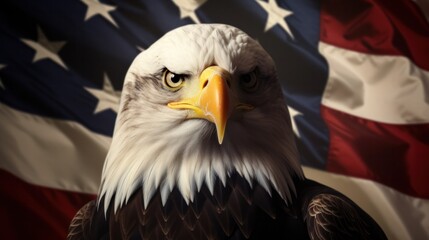 Proud American Bald Eagle with Flag and Star-Stripes
