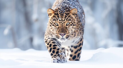 Rare Amur Leopard Roaming Snowy Landscape