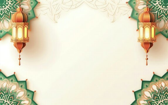 eid mubarak greeting card background, white texture paper and green mandala with ramadam lantarn 