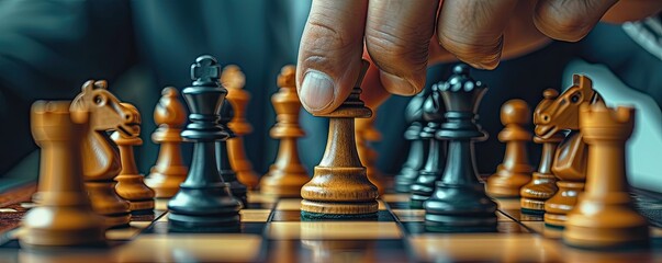 Strategic gameplay on chessboard decision and intelligence. Businessman planning moves leadership and tactical thinking in chess. Symbolizing management and teamwork piece battle for victory