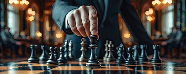 Strategic gameplay on chessboard decision and intelligence. Businessman planning moves leadership and tactical thinking in chess. Symbolizing management and teamwork piece battle for victory