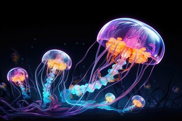 a close up of a jellyfish in a blue sea with a light shining on the top of it's head