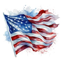 Isolated American Flag Waving in Watercolor Illustration Generated by AI