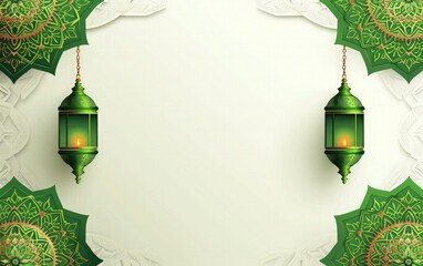 eid mubarak greeting card background, white texture paper and green mandala with ramadam lantarn 