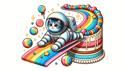 Fantasy Illustration of a Space Cat Sliding Down a Rainbow Cake