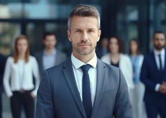 leader businessman in suit in with blured team people in office, successful teamwork
