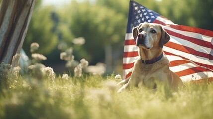 Patriotic Pooch Sitting Proudly with American Flag in Grass on Memorial Day