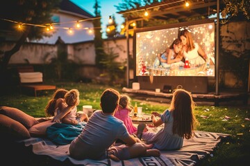 A family sitting in front of a huge flat screen television in the backyard outside in the warm summer evening watching a movie spending leisure time together