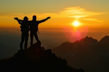 A silhouette of a two persons standing on a mountaintop, arms outstretched towards the rising sun, which pointing up as symbol of achievement