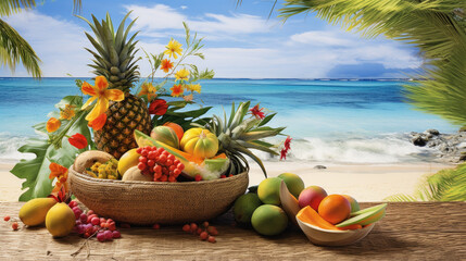 tropical fruit in a basket on the beach