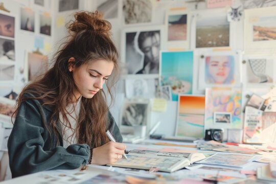 a young motivated and focused woman journaling and making her vision board to manifest her dreams and plans, in a white room full of pictures, images, cliparts and visual resources