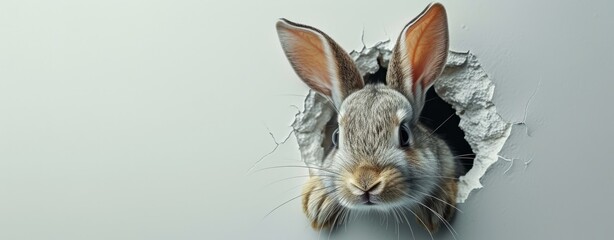 grey easter rabbit peeking through a hole in a grey wall. Minimal easter concept. Generative AI