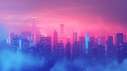 Neon city skyline gradient in electric pinks, blues, and purples with a grainy texture for a metropolitan-themed event. 