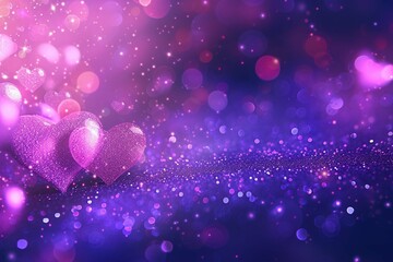 Beautiful background banner with purple hearts, lights, sparkles and bokeh. Valentine's Day. Panoramic web header with copy space. Wide screen wallpaper