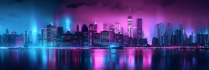 Neon city skyline gradient in electric pinks, blues, and purples with a grainy texture for a metropolitan-themed event. 