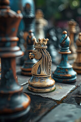 Chess composition "Knight's Move": on the board on a stone chessboard made of black and white tiles, among the pieces there is a cunning chess knight in a crown, around there are blurred chess pieces 