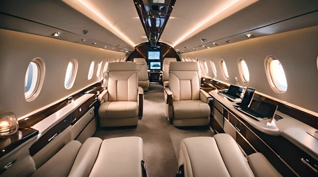 Interior of private luxury business aircraft arranged with several empty leather seats and couches. AI generated. Bright exquisite salon of jet with portholes and ceiling lights. Luxurious passenger