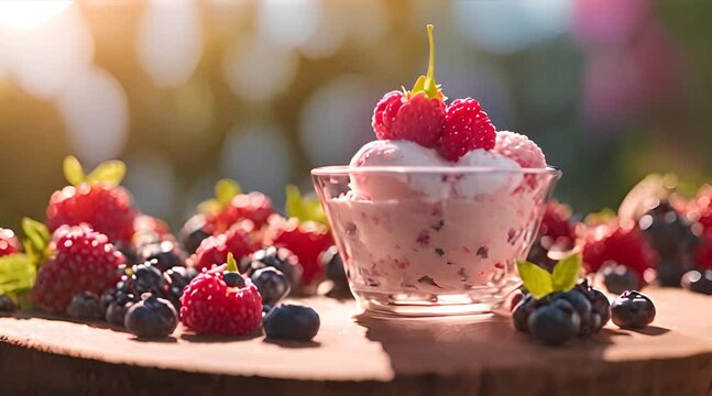 Scooped homemade strawberry ice cream ready to be served. Balls of homemade ice cream in bowl served and decorated with berries. AI generated video. Summer delicious dessert. Berry creamy dessert. HD