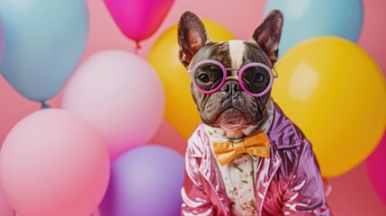 french bulldog wearing sunglasses and bow tie on pink background with colorful balloons