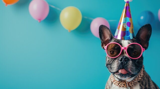 french bulldog dog with party hat and sunglasses on blue background