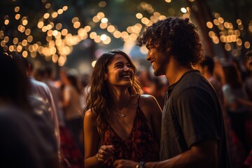 Experience the enchantment of a couple immersed in happiness as they dance together at an open-air...