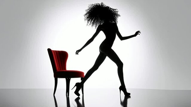 Silhouette of Elegance - Black silhouette of skinny woman near red chair
